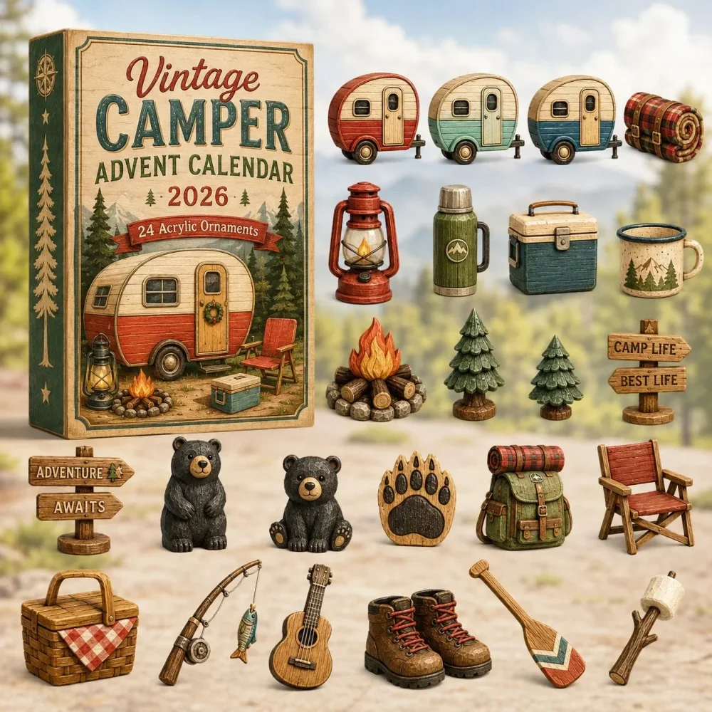 Vintage Camper Advent Calendar Cute Advent Calendar Decoration Gifts For Camping Lovers , 3D Acrylic Collectibles