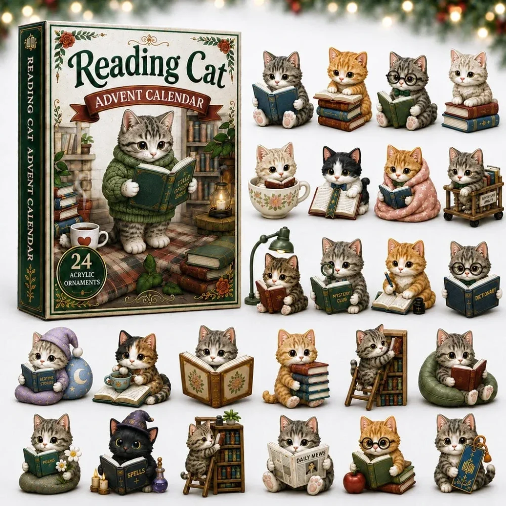 Reading Cat Xmas Advent Calendar Holiday Advent Cal Christmas Gifts For Cat Lovers , 3D Acrylic Collectibles